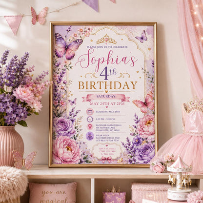 Editable Butterfly Birthday Invitation Canva Template, Pink Purple Pastel Floral Kids Cute Fun DIY Party Invite, Printable Digital Download.