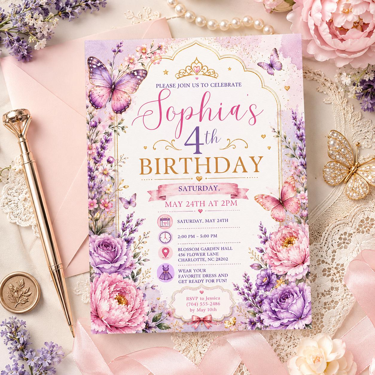 Editable Butterfly Birthday Invitation Canva Template, Pink Purple Pastel Floral Kids Cute Fun DIY Party Invite, Printable Digital Download.