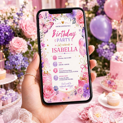 Editable Wildflower Birthday Invitation Canva Template, Pink Boho Girls Adult Any Age Cute Fun DIY Party Invite, Printable Digital Download.