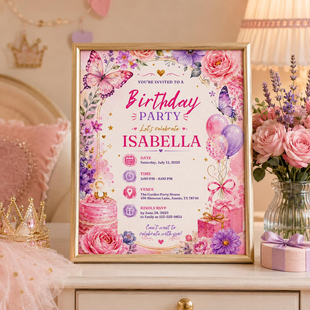 Editable Wildflower Birthday Invitation Canva Template, Pink Boho Girls Adult Any Age Cute Fun DIY Party Invite, Printable Digital Download.
