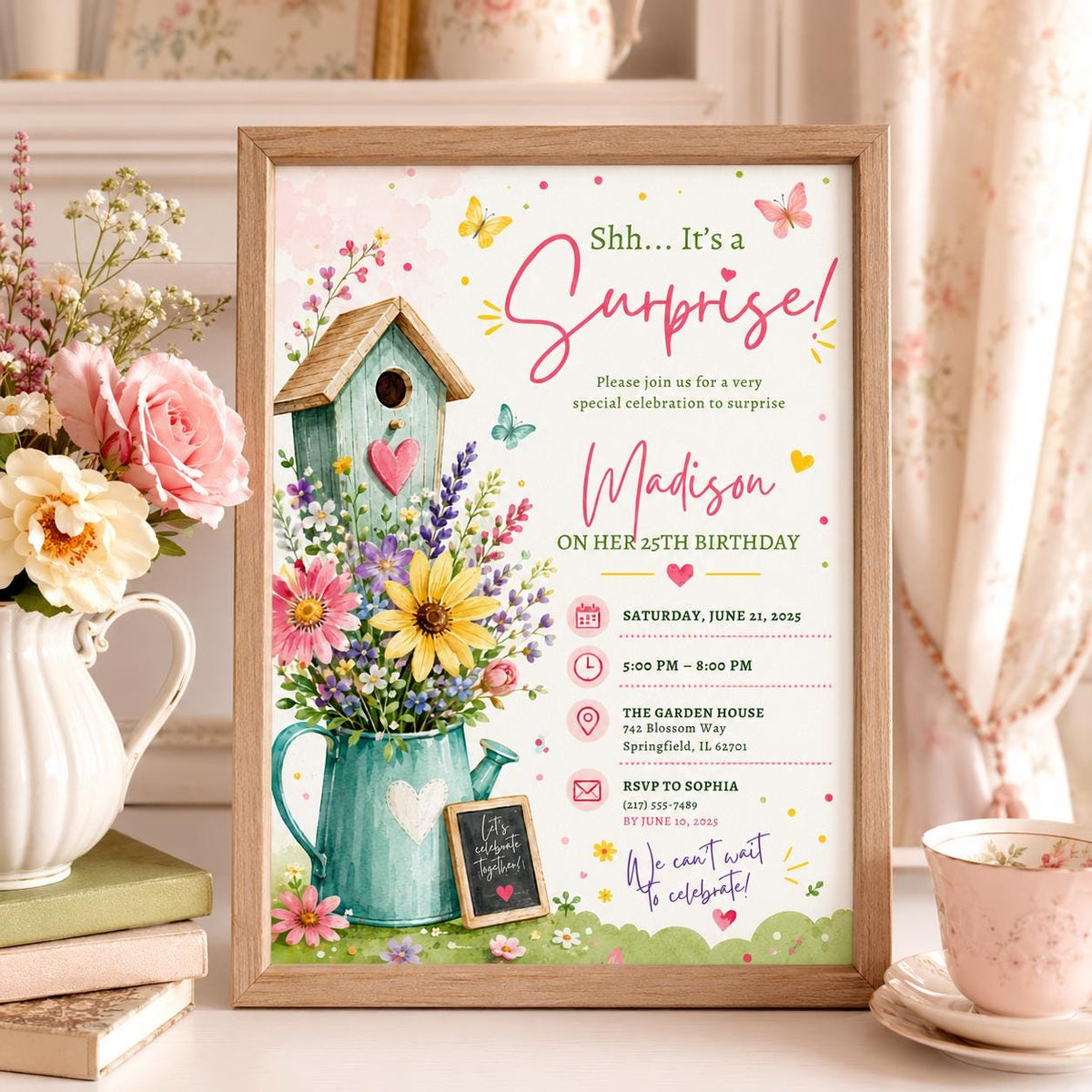 Editable Wildflowers Surprise 70th 80th Birthday Invitation Canva Template, Cute Fun DIY Chic Kids Party Invite, Printable Digital Download.
