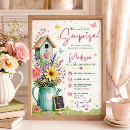 Editable Wildflowers Surprise 70th 80th Birthday Invitation Canva Template, Cute Fun DIY Chic Kids Party Invite, Printable Digital Download.