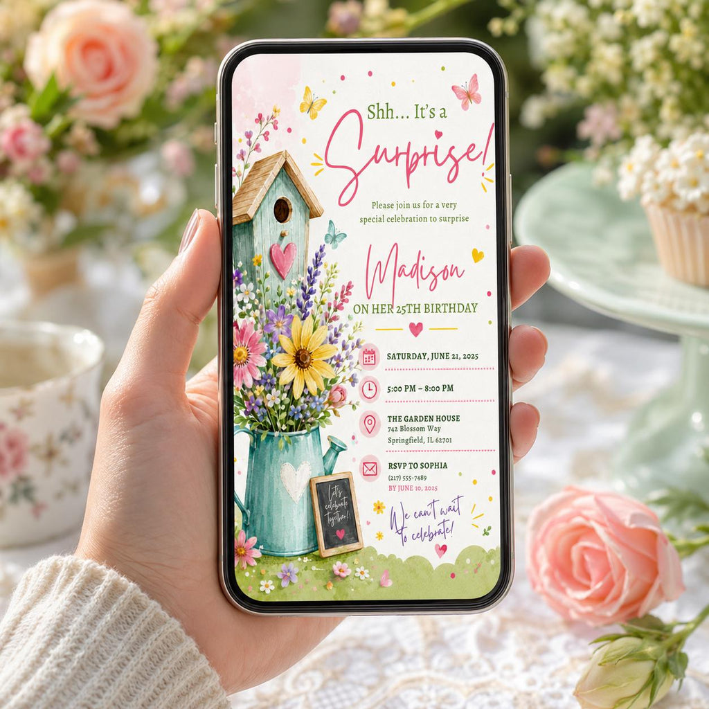 Editable Wildflowers Surprise 70th 80th Birthday Invitation Canva Template, Cute Fun DIY Chic Kids Party Invite, Printable Digital Download.