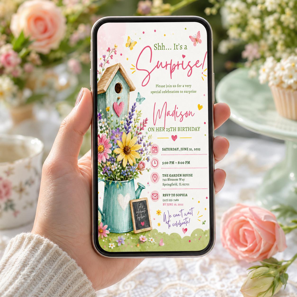 Editable Wildflowers Surprise 70th 80th Birthday Invitation Canva Template, Cute Fun DIY Chic Kids Party Invite, Printable Digital Download.