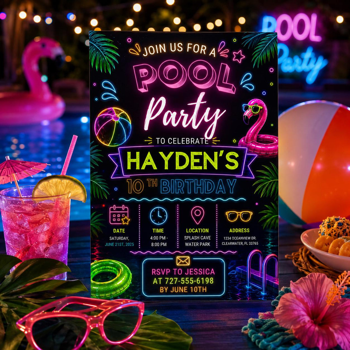 Editable Pool Birthday Invitation Canva Template, Floral Girls Teens Pool Cute Modern Fun DIY Chic Party Invite, Printable Digital Download.