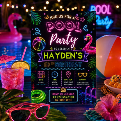 Editable Pool Birthday Invitation Canva Template, Floral Girls Teens Pool Cute Modern Fun DIY Chic Party Invite, Printable Digital Download.