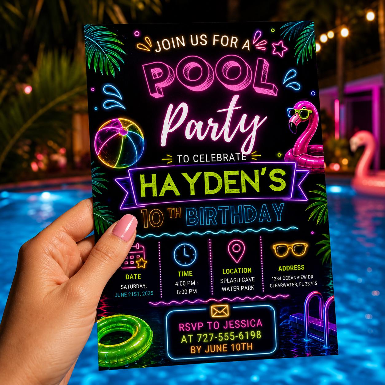 Editable Pool Birthday Invitation Canva Template, Floral Girls Teens Pool Cute Modern Fun DIY Chic Party Invite, Printable Digital Download.