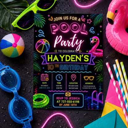 Editable Pool Birthday Invitation Canva Template, Floral Girls Teens Pool Cute Modern Fun DIY Chic Party Invite, Printable Digital Download.