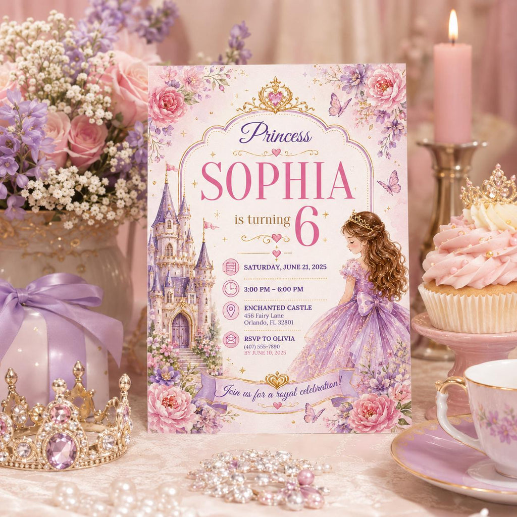 Editable Princess Birthday Invitation Canva Template, Girls Cute Modern Fun Themed Custom DIY Chic Party Invite, Printable Digital Download.