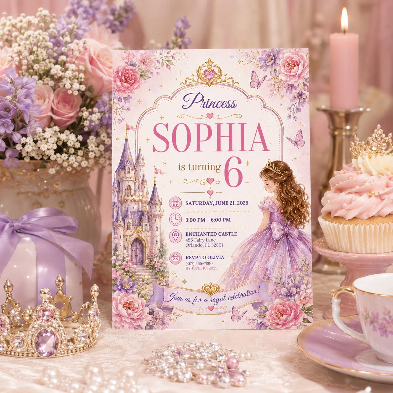 Editable Princess Birthday Invitation Canva Template, Girls Cute Modern Fun Themed Custom DIY Chic Party Invite, Printable Digital Download.