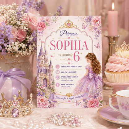 Editable Princess Birthday Invitation Canva Template, Girls Cute Modern Fun Themed Custom DIY Chic Party Invite, Printable Digital Download.