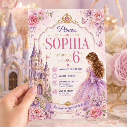 Editable Princess Birthday Invitation Canva Template, Girls Cute Modern Fun Themed Custom DIY Chic Party Invite, Printable Digital Download.