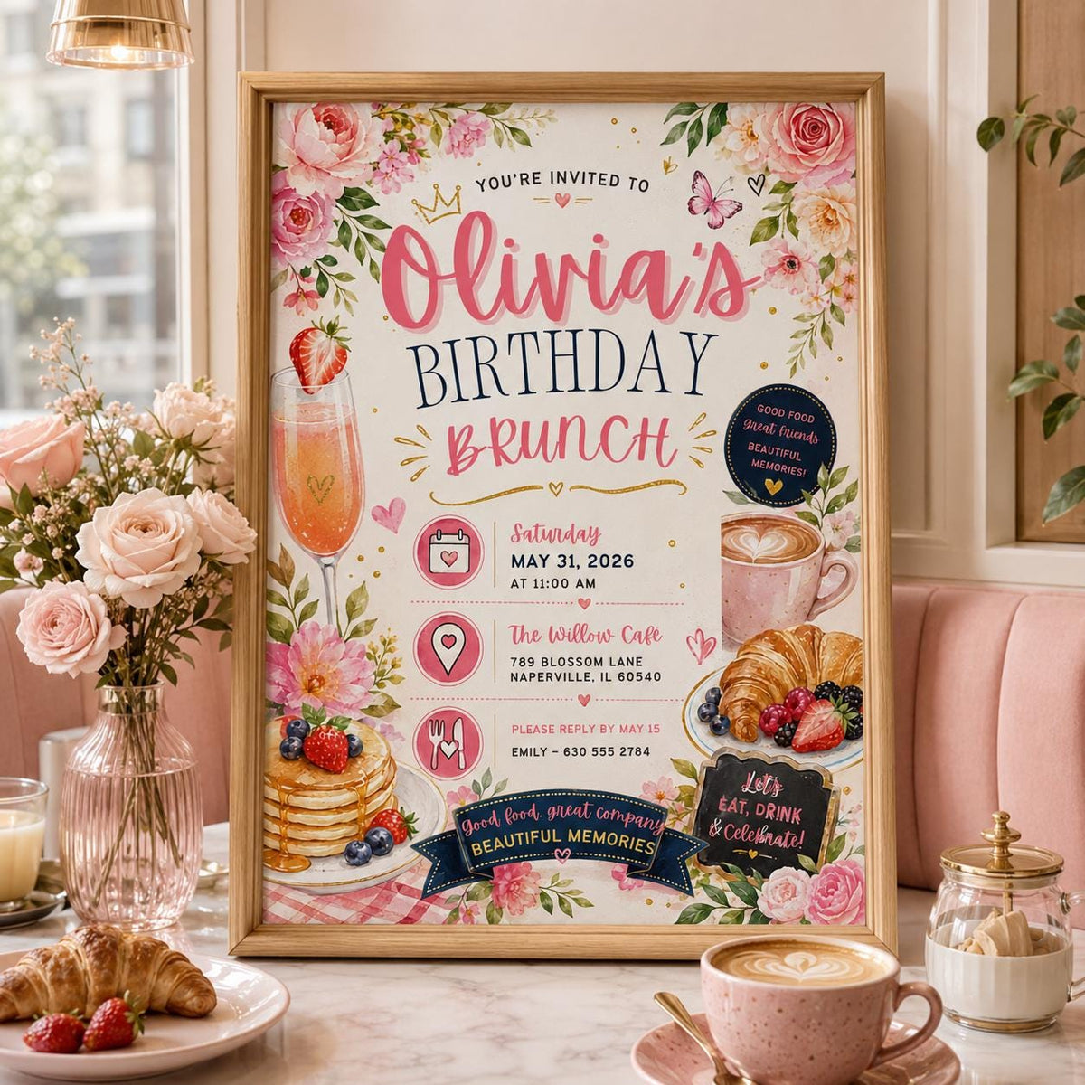 Editable Floral Birthday Invitation Canva Template, Pink Blush Girls Adult Cute Fun DIY Sweet Chic Party Invite, Printable Digital Download.