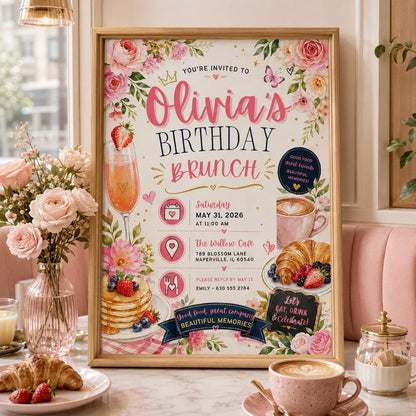 Editable Floral Birthday Invitation Canva Template, Pink Blush Girls Adult Cute Fun DIY Sweet Chic Party Invite, Printable Digital Download.