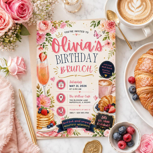 Editable Floral Birthday Invitation Canva Template, Pink Blush Girls Adult Cute Fun DIY Sweet Chic Party Invite, Printable Digital Download.
