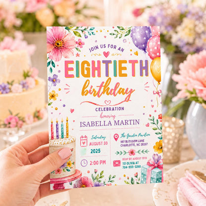 Editable Floral Birthday Invitation Canva Template, Gold Cream Pastel Adult Cute Fun DIY Chic Kids Party Invite, Printable Digital Download.