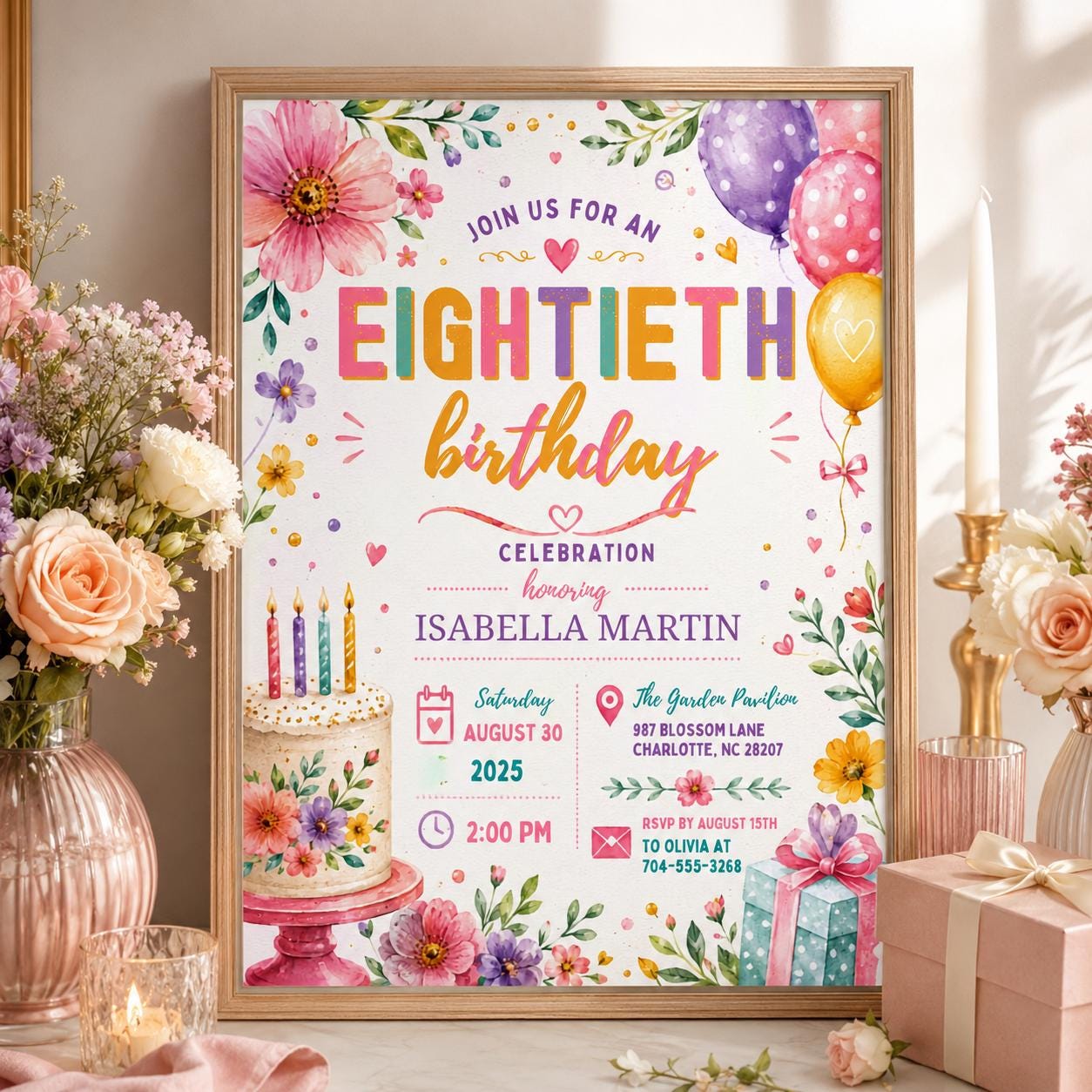 Editable Floral Birthday Invitation Canva Template, Gold Cream Pastel Adult Cute Fun DIY Chic Kids Party Invite, Printable Digital Download.