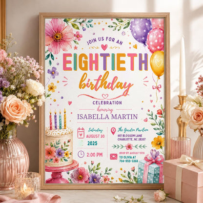 Editable Floral Birthday Invitation Canva Template, Gold Cream Pastel Adult Cute Fun DIY Chic Kids Party Invite, Printable Digital Download.