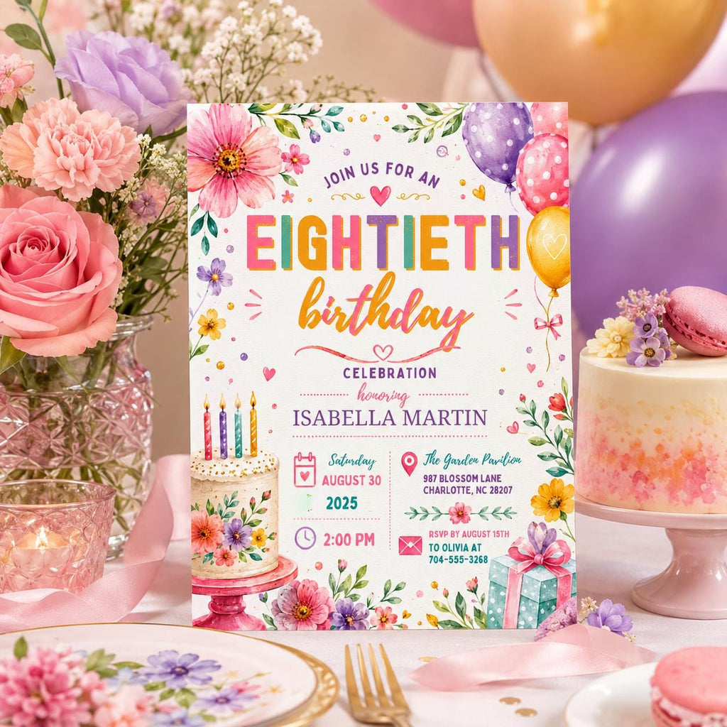 Editable Floral Birthday Invitation Canva Template, Gold Cream Pastel Adult Cute Fun DIY Chic Kids Party Invite, Printable Digital Download.