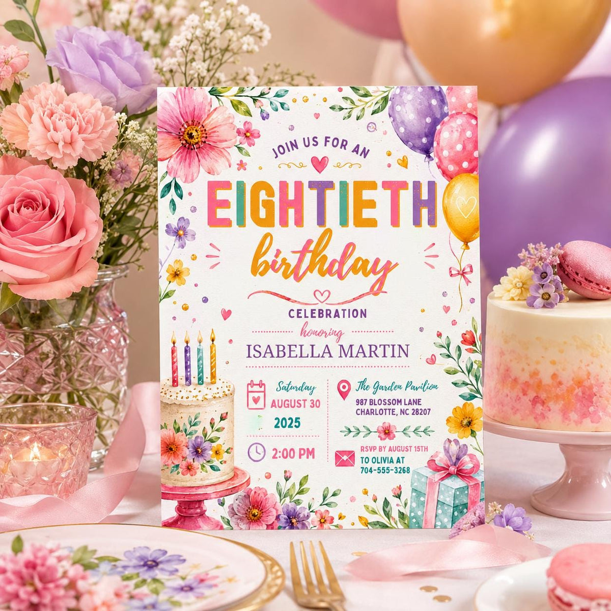 Editable Floral Birthday Invitation Canva Template, Gold Cream Pastel Adult Cute Fun DIY Chic Kids Party Invite, Printable Digital Download.