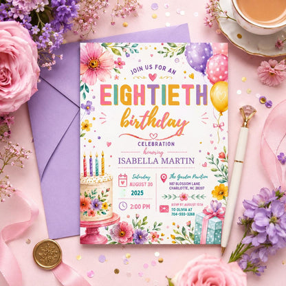 Editable Floral Birthday Invitation Canva Template, Gold Cream Pastel Adult Cute Fun DIY Chic Kids Party Invite, Printable Digital Download.