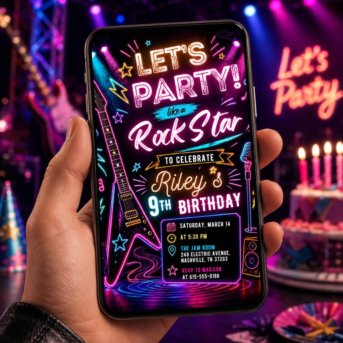 Editable Neon Glow Birthday Invitation Canva Template, Pink Girls Neon Cute Fun DIY Chic Kids Teen Party Invite, Printable Digital Download.