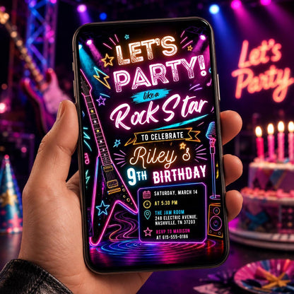 Editable Neon Glow Birthday Invitation Canva Template, Pink Girls Neon Cute Fun DIY Chic Kids Teen Party Invite, Printable Digital Download.