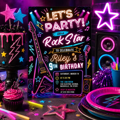 Editable Neon Glow Birthday Invitation Canva Template, Pink Girls Neon Cute Fun DIY Chic Kids Teen Party Invite, Printable Digital Download.