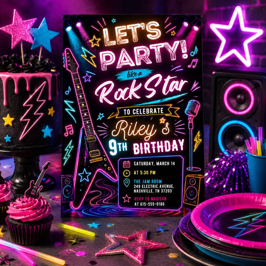 Editable Neon Glow Birthday Invitation Canva Template, Pink Girls Neon Cute Fun DIY Chic Kids Teen Party Invite, Printable Digital Download.