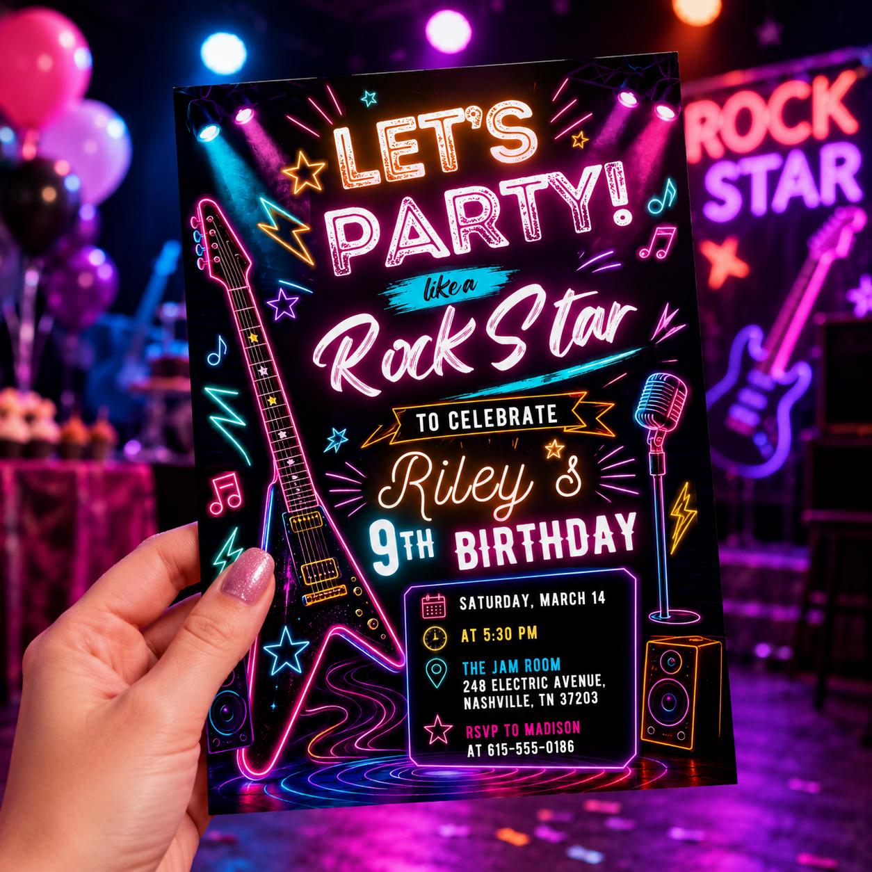 Editable Neon Glow Birthday Invitation Canva Template, Pink Girls Neon Cute Fun DIY Chic Kids Teen Party Invite, Printable Digital Download.