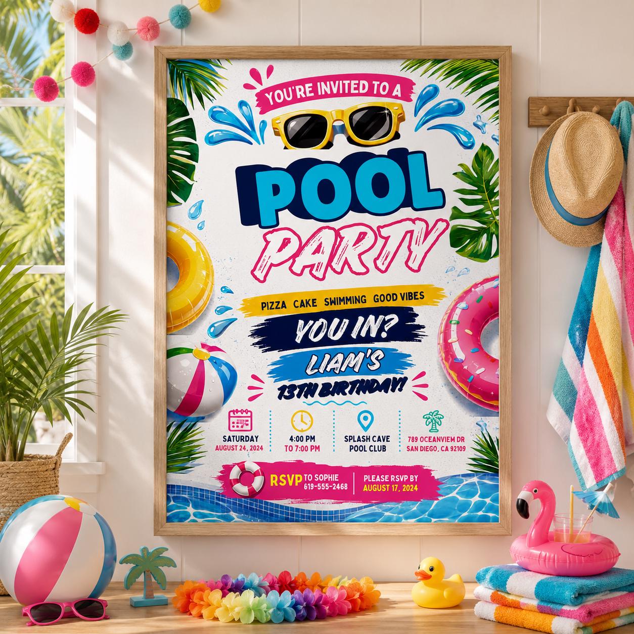 Editable Pool Birthday Invitation Canva Template, Boys Teens Pool Cute Modern Fun Themed DIY Sweet Party Invite, Printable Digital Download.