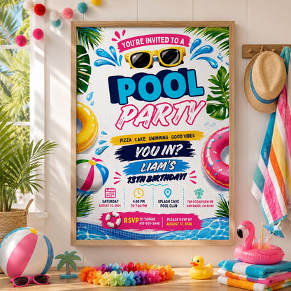 Editable Pool Birthday Invitation Canva Template, Boys Teens Pool Cute Modern Fun Themed DIY Sweet Party Invite, Printable Digital Download.