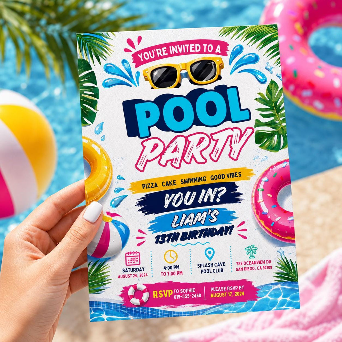 Editable Pool Birthday Invitation Canva Template, Boys Teens Pool Cute Modern Fun Themed DIY Sweet Party Invite, Printable Digital Download.