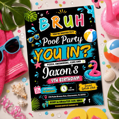 Editable Pool Birthday Invitation Canva Template, Boys Teens Pool Cute Modern Fun Themed DIY Sweet Party Invite, Printable Digital Download.