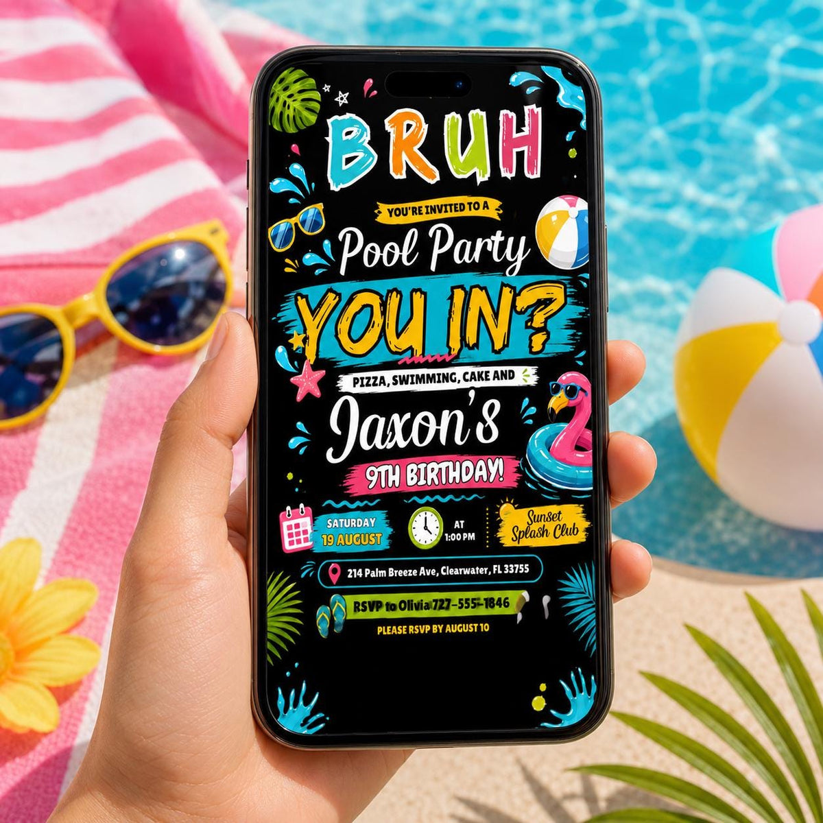 Editable Pool Birthday Invitation Canva Template, Boys Teens Pool Cute Modern Fun Themed DIY Sweet Party Invite, Printable Digital Download.