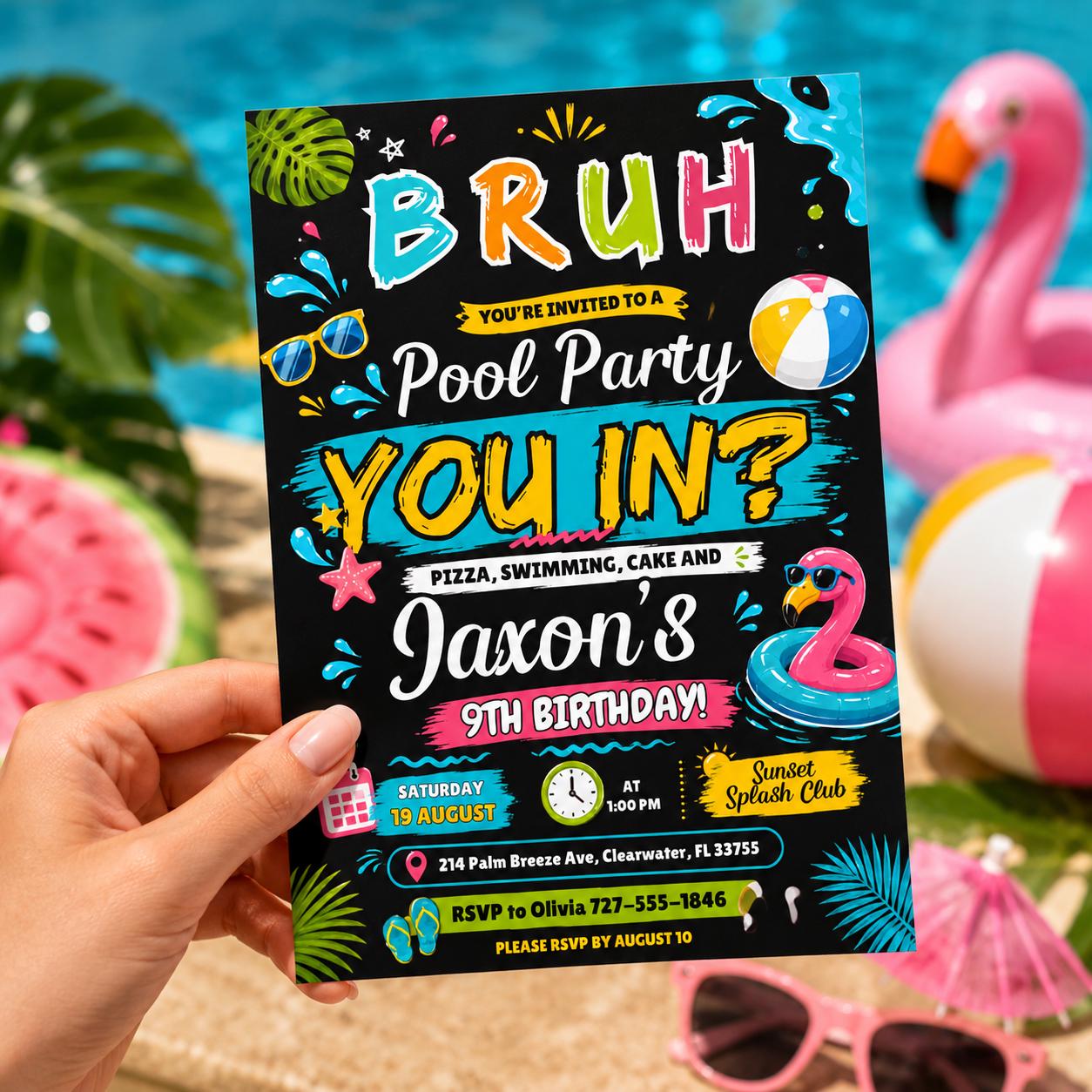 Editable Pool Birthday Invitation Canva Template, Boys Teens Pool Cute Modern Fun Themed DIY Sweet Party Invite, Printable Digital Download.