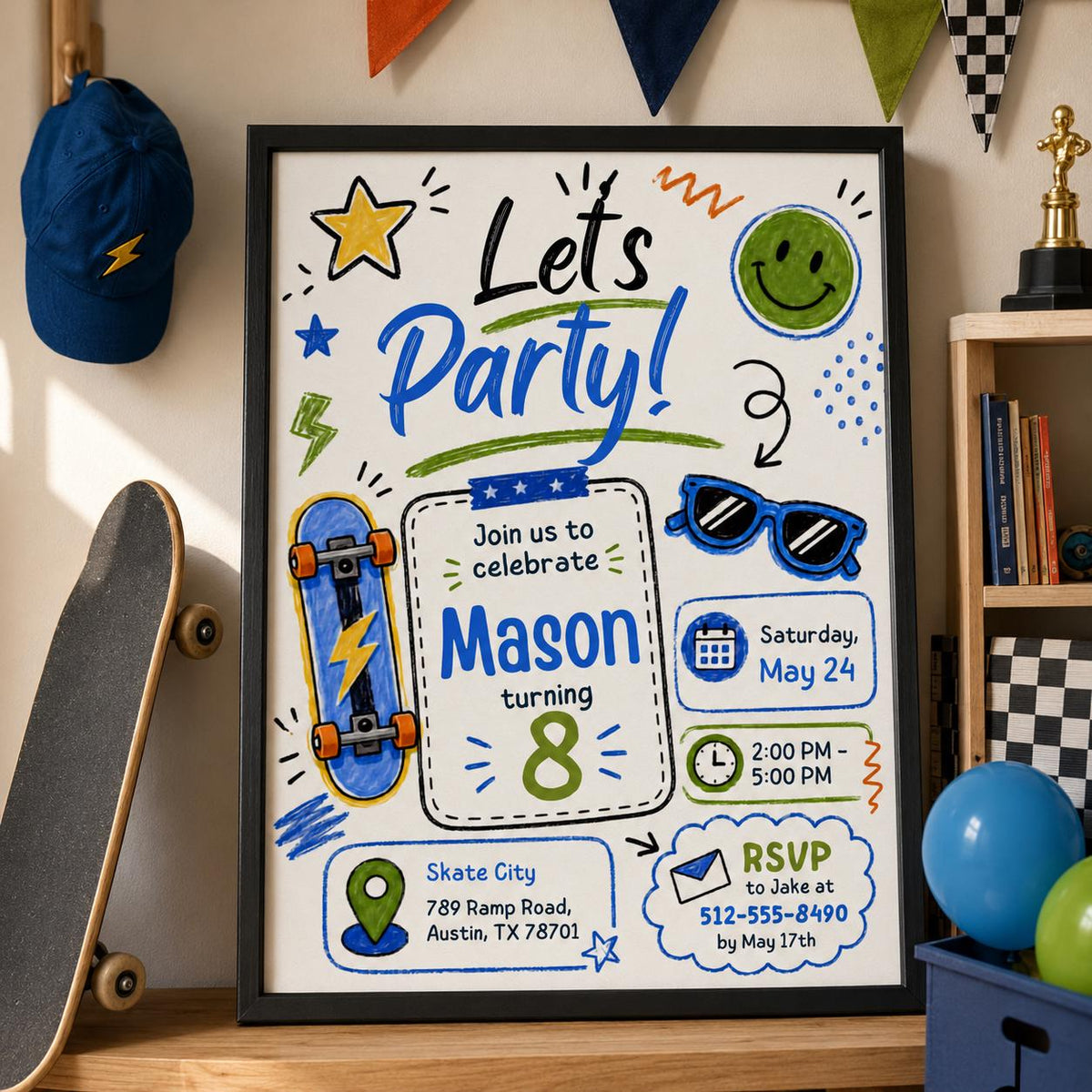 Editable Lets Birthday Invitation Canva Template, Blue Green Boys Kids Any Age Cute Modern Fun DIY Party Invite, Printable Digital Download.