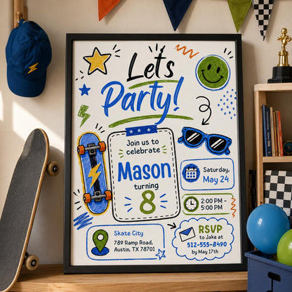 Editable Lets Birthday Invitation Canva Template, Blue Green Boys Kids Any Age Cute Modern Fun DIY Party Invite, Printable Digital Download.