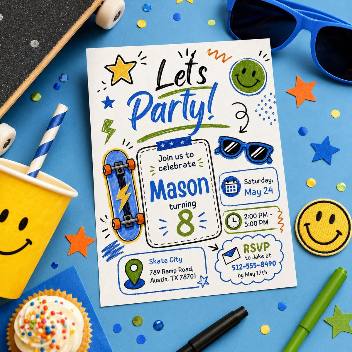 Editable Lets Birthday Invitation Canva Template, Blue Green Boys Kids Any Age Cute Modern Fun DIY Party Invite, Printable Digital Download.