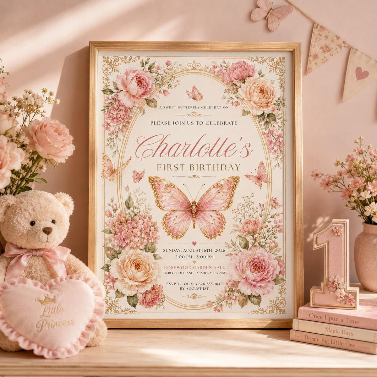 Editable Floral Birthday Invitation Canva Template, Pink Gold Luxury Girls Cute Fun DIY Sweet Chic Party Invite, Printable Digital Download.