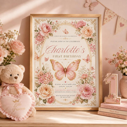 Editable Floral Birthday Invitation Canva Template, Pink Gold Luxury Girls Cute Fun DIY Sweet Chic Party Invite, Printable Digital Download.