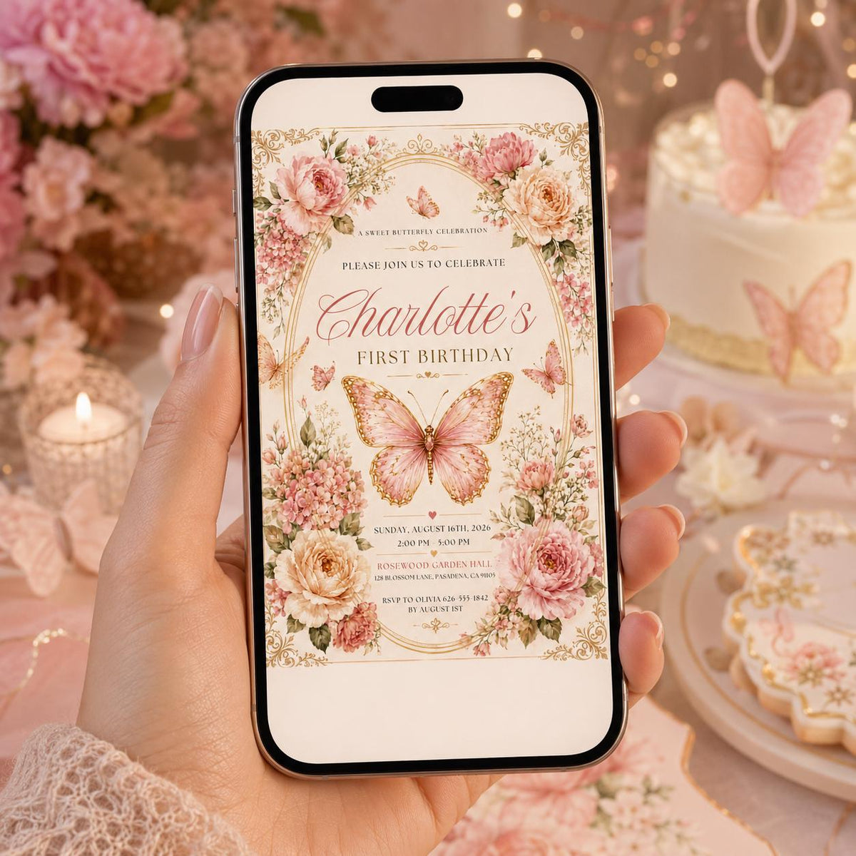 Editable Floral Birthday Invitation Canva Template, Pink Gold Luxury Girls Cute Fun DIY Sweet Chic Party Invite, Printable Digital Download.