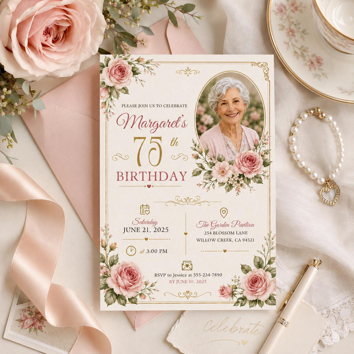 Editable Floral Memorial Service Invitation Canva Template, Floral Cute Modern Fun Themed DIY Chic Party Invite, Printable Digital Download.