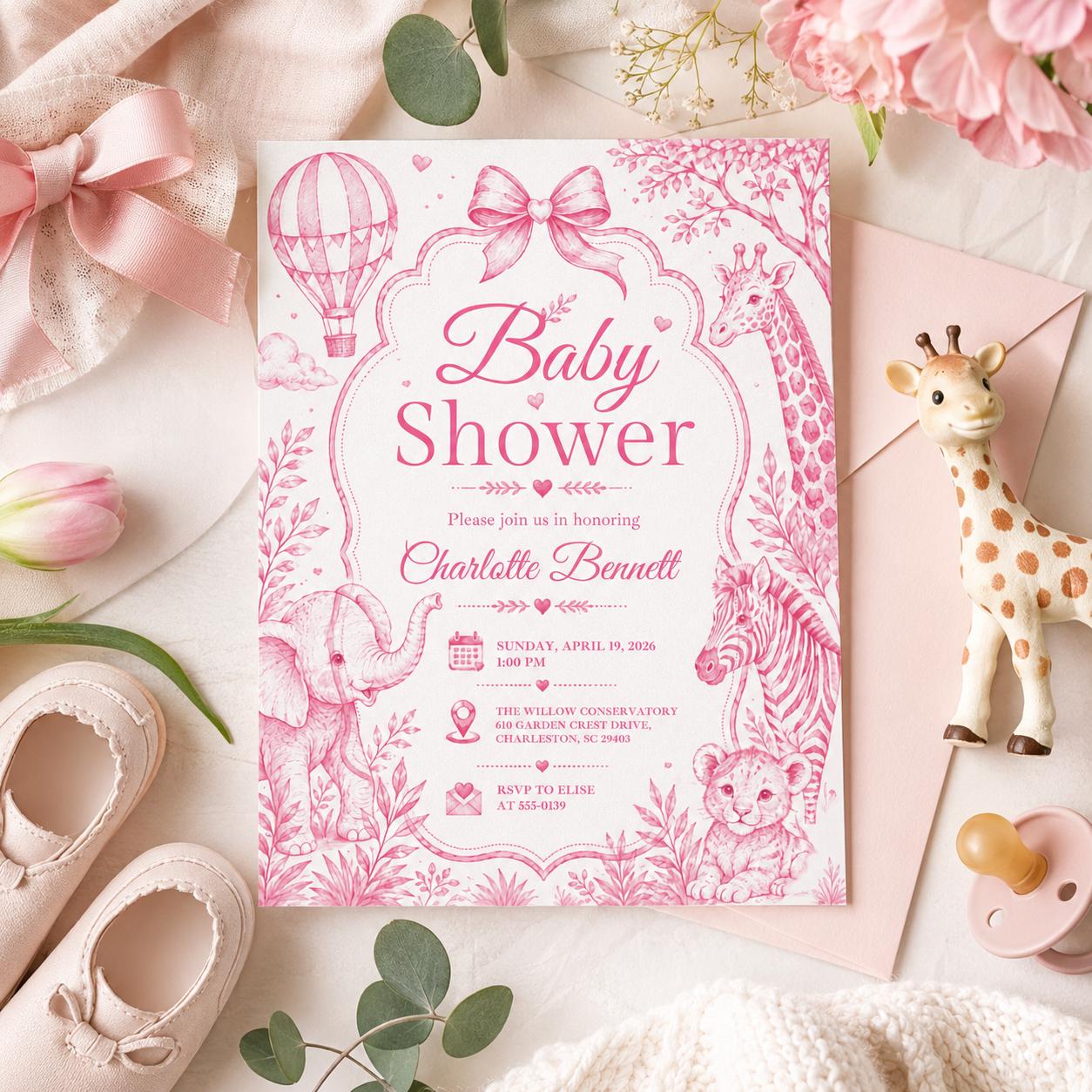 Editable Safari Jungle Baby Shower Invitation Canva Template, Blue Luxury Kids Safari Cute Fun DIY Party Invite, Printable Digital Download.