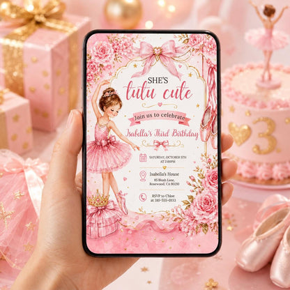 Editable Tutu Cute Birthday Invitation Canva Template, Pink Girls Kids Cute Modern Fun Instant DIY Party Invite, Printable Digital Download.