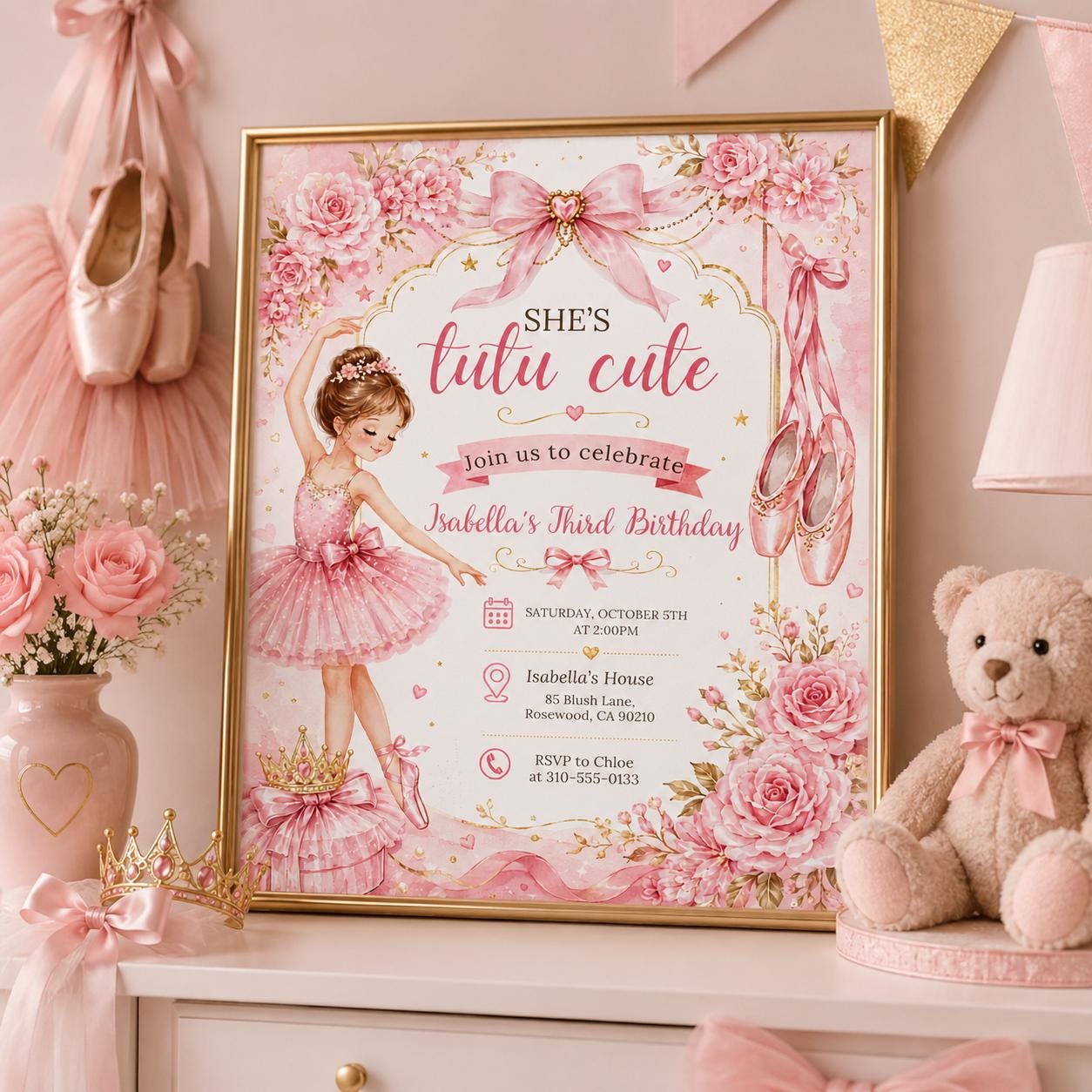 Editable Tutu Cute Birthday Invitation Canva Template, Pink Girls Kids Cute Modern Fun Instant DIY Party Invite, Printable Digital Download.