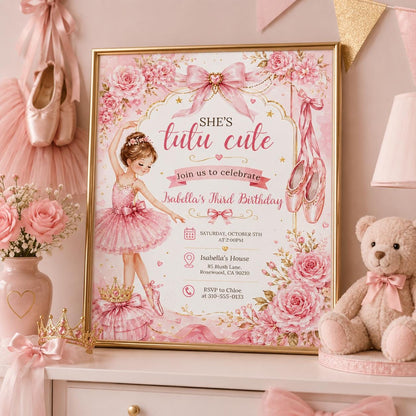 Editable Tutu Cute Birthday Invitation Canva Template, Pink Girls Kids Cute Modern Fun Instant DIY Party Invite, Printable Digital Download.
