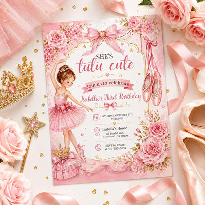 Editable Tutu Cute Birthday Invitation Canva Template, Pink Girls Kids Cute Modern Fun Instant DIY Party Invite, Printable Digital Download.