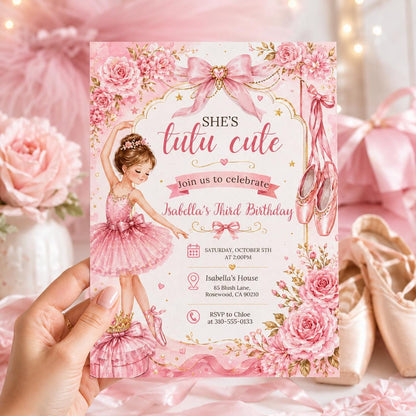 Editable Tutu Cute Birthday Invitation Canva Template, Pink Girls Kids Cute Modern Fun Instant DIY Party Invite, Printable Digital Download.