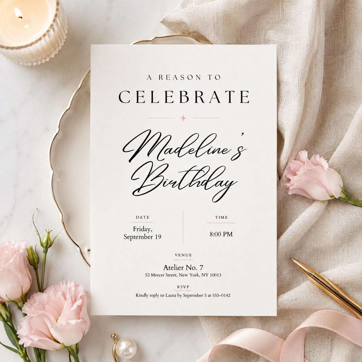 Editable Elegant Birthday Invitation Canva Template, Black White Chic Adult Cute Fun DIY Kids Teen Party Invite, Printable Digital Download.